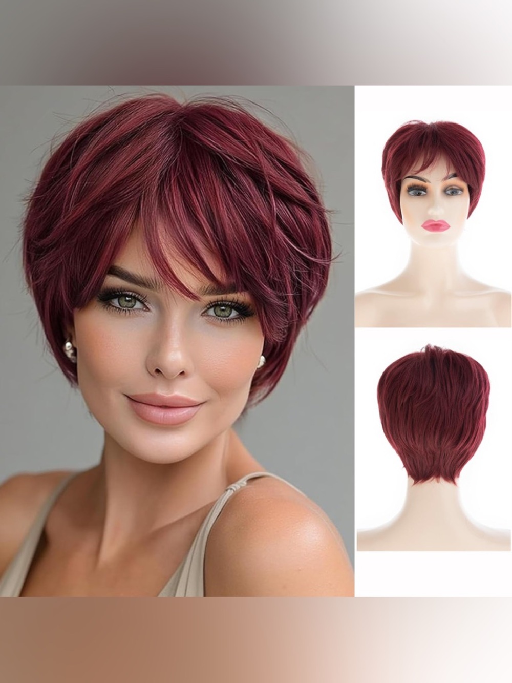 Women's Short Burgundy Pixie Cut Wig with Bangs Natural Looking Synthetic Hair